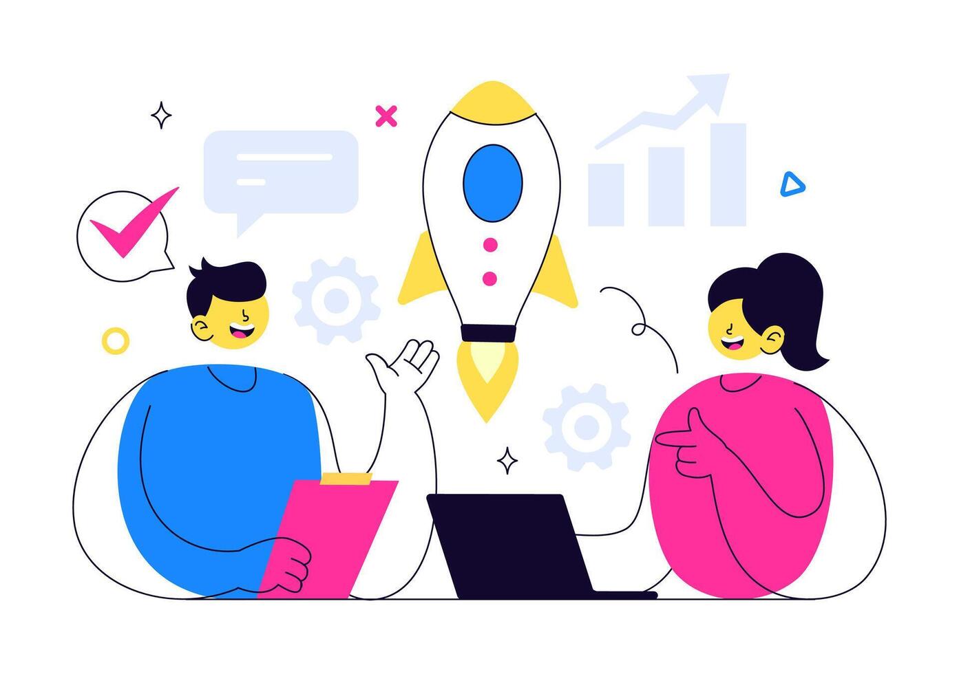 Flat Style of Business Startup Journey with Launching Product and Hitting Target Goals vector