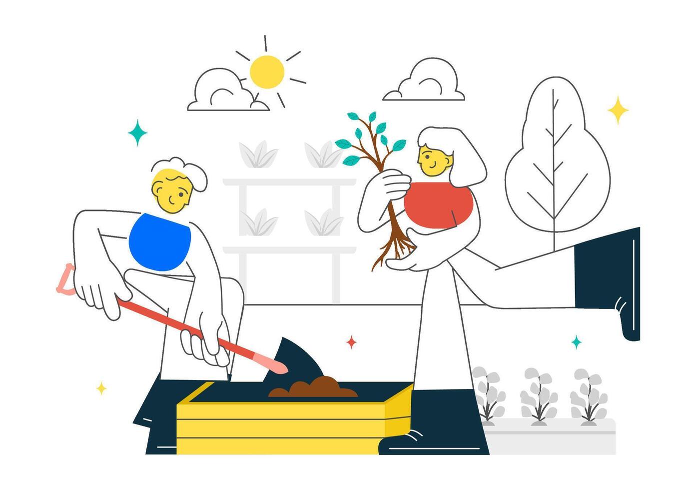 Urban Community Garden Scene Featuring Residents Planting and Socializing in Flat Design vector