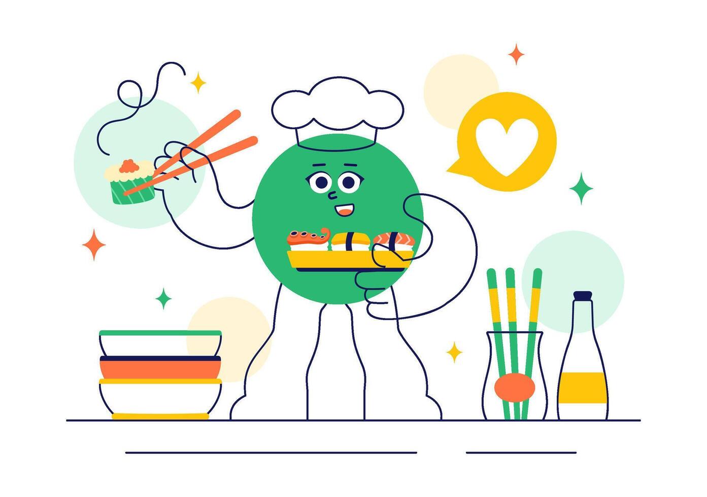 Chef character preparing sushi rolls vector