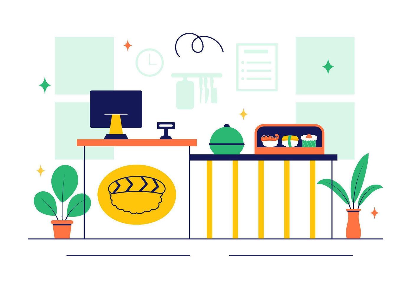 Bakery interior with counter and plants vector