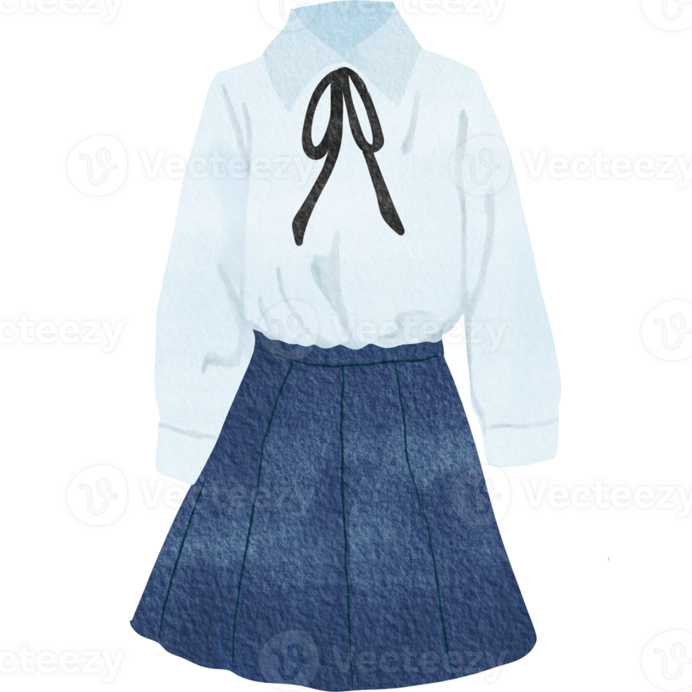 A watercolor illustration of a school uniform featuring a white long sleeved blouse with a black bow and a pleated dark skirt. png