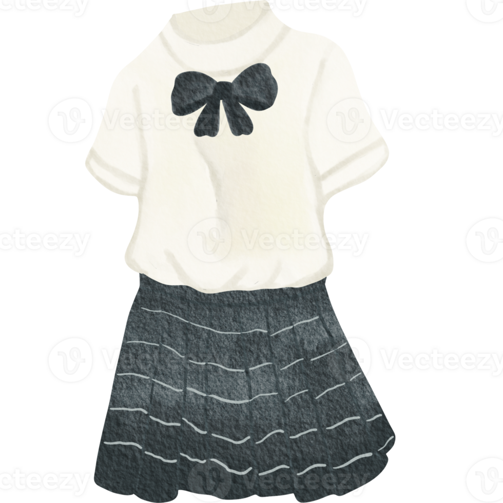 A watercolor illustration of a school uniform featuring a white short sleeved blouse with a blue bow and a pleated dark skirt. png