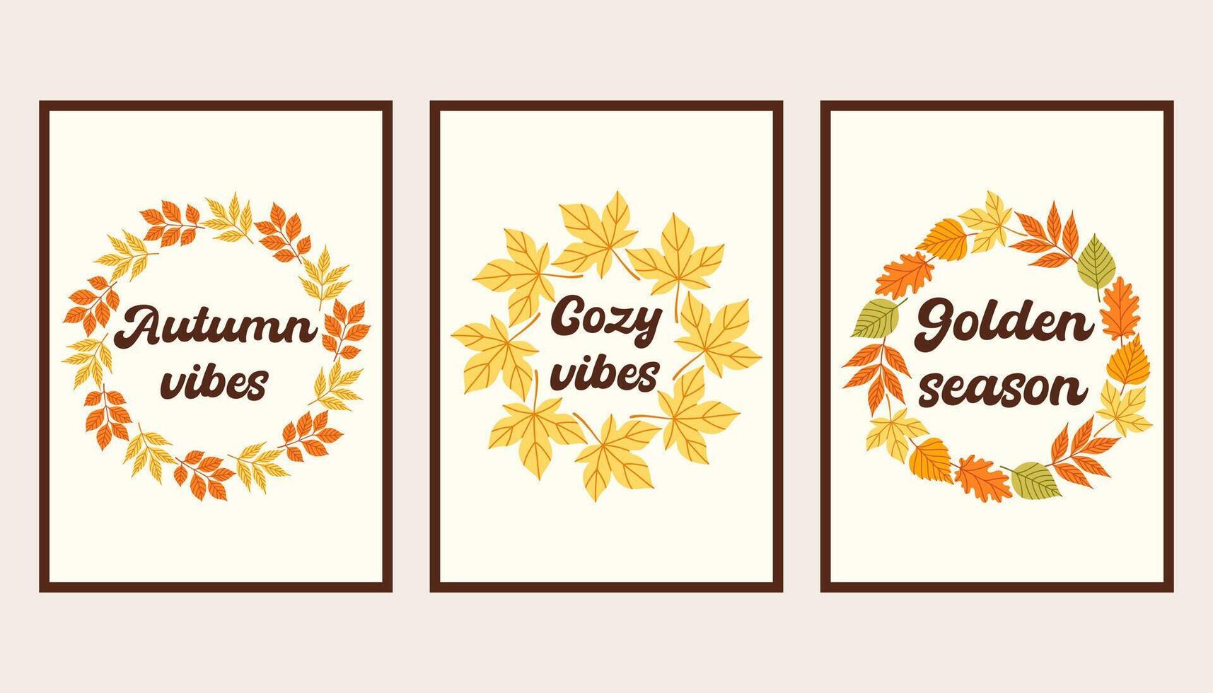 Cozy vibes autumn simple poster set. Fall flyer doodle set. Vectical banner autumn elements. Autumn interior design poster, end of season promo template. illustration. vector