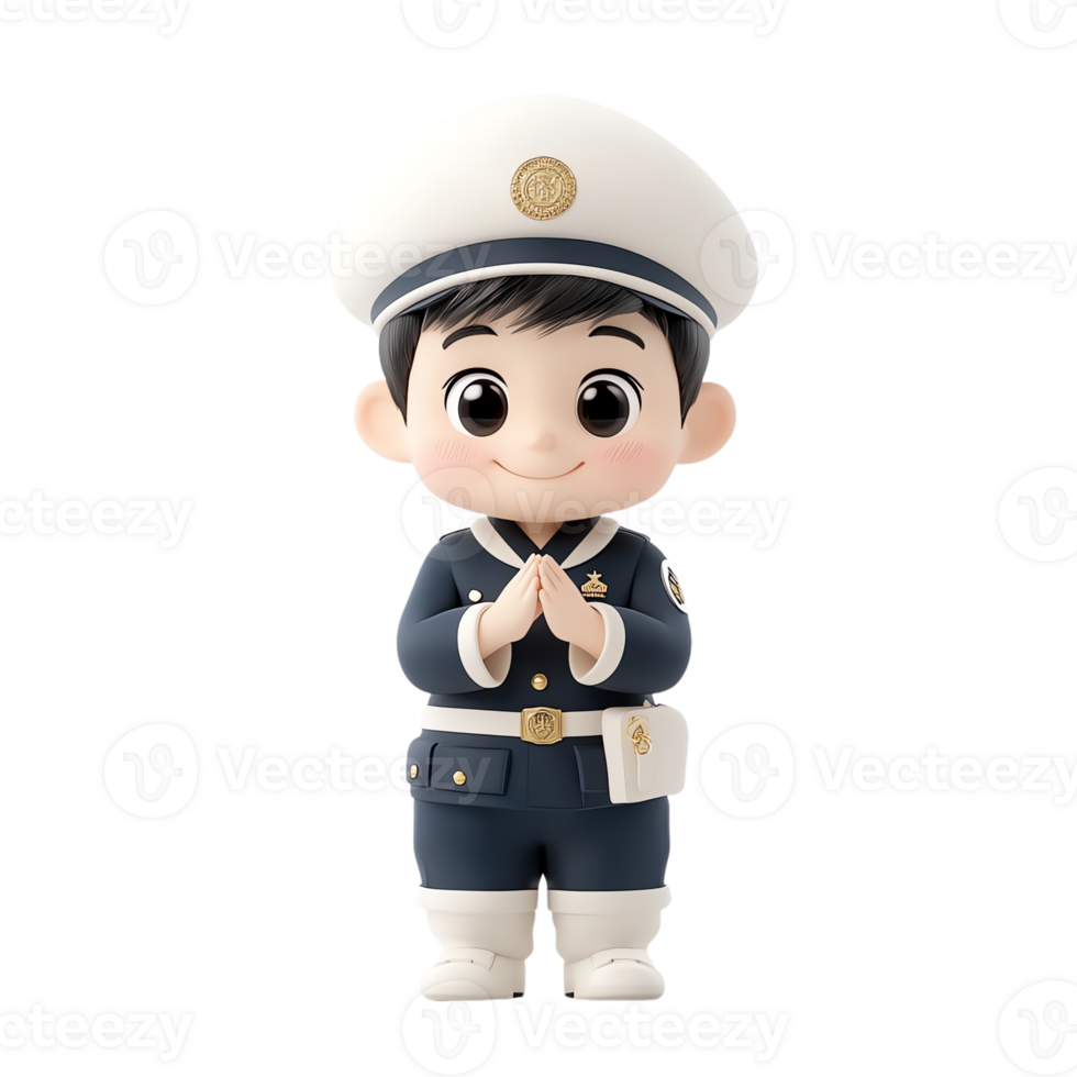 Cute cartoon boy in police uniform poses happily. png