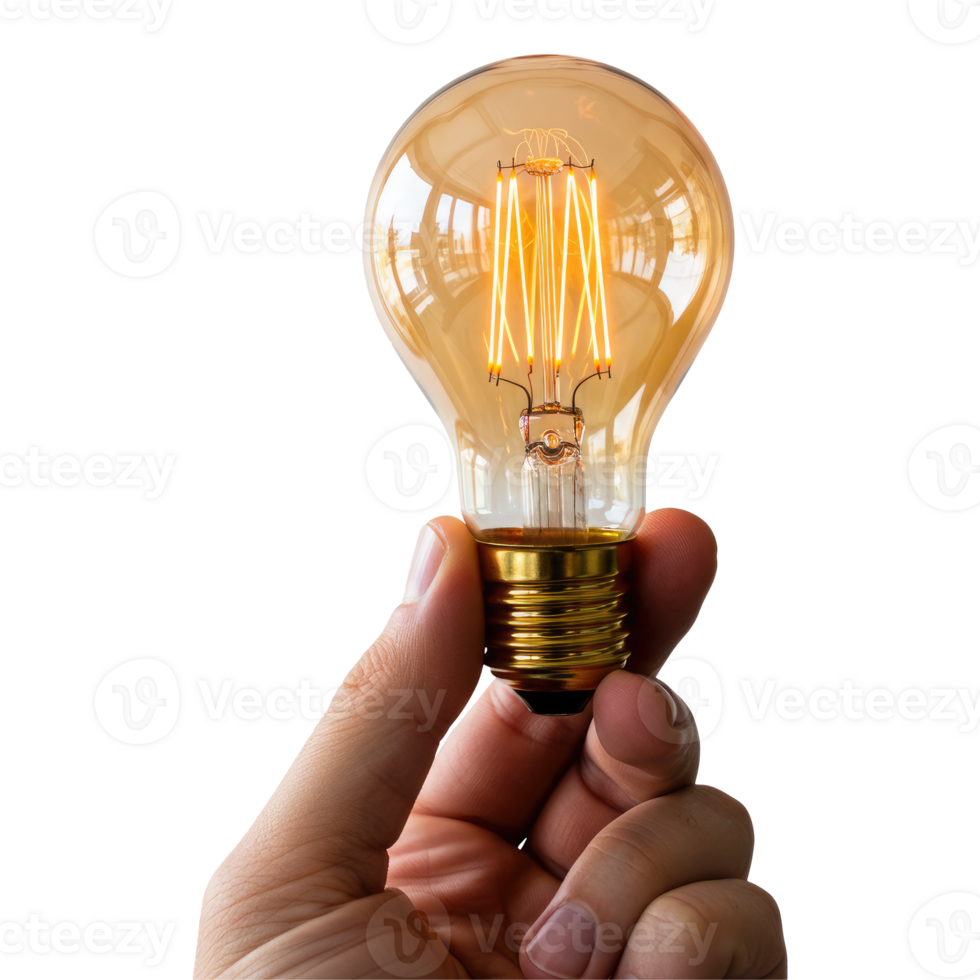 A Hand Holding a Glowing Vintage Light Bulb. Cut Out, Clipping Path Isolated on Transparent Background. png