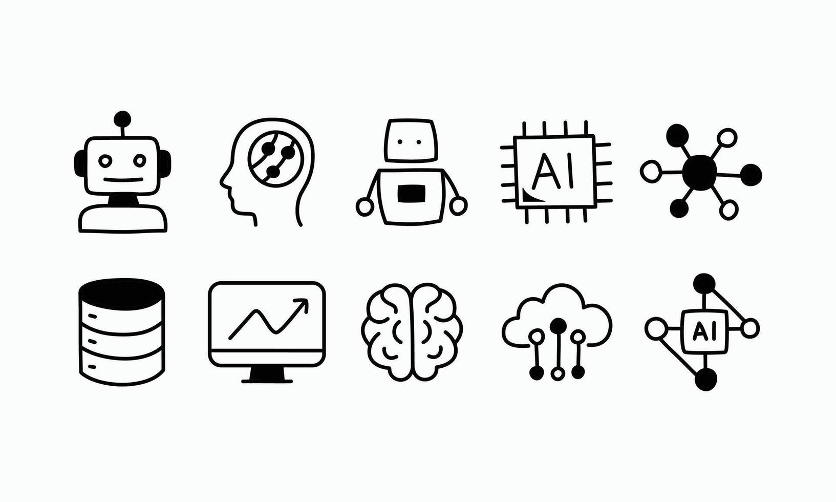 Set of hand drawn icons representing artificial intelligence, machine learning, data science, cloud computing, neural networks, and modern technology in black and white doodle style. vector