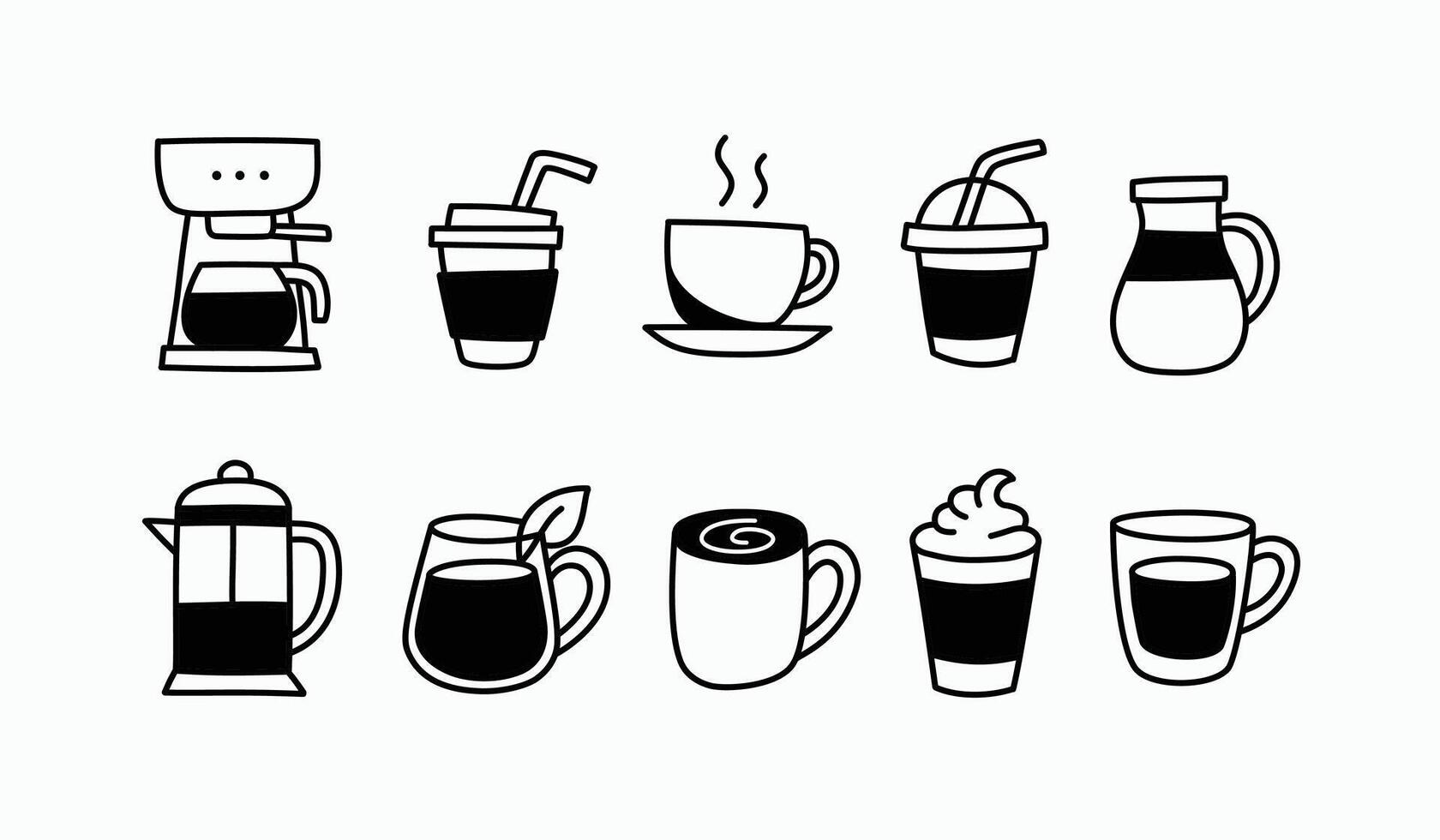 Collection of black and white hand drawn coffee icons. Includes cups, mugs, coffee makers, and cold drinks. Perfect for cafe menus, stickers, infographics, or branding elements. vector