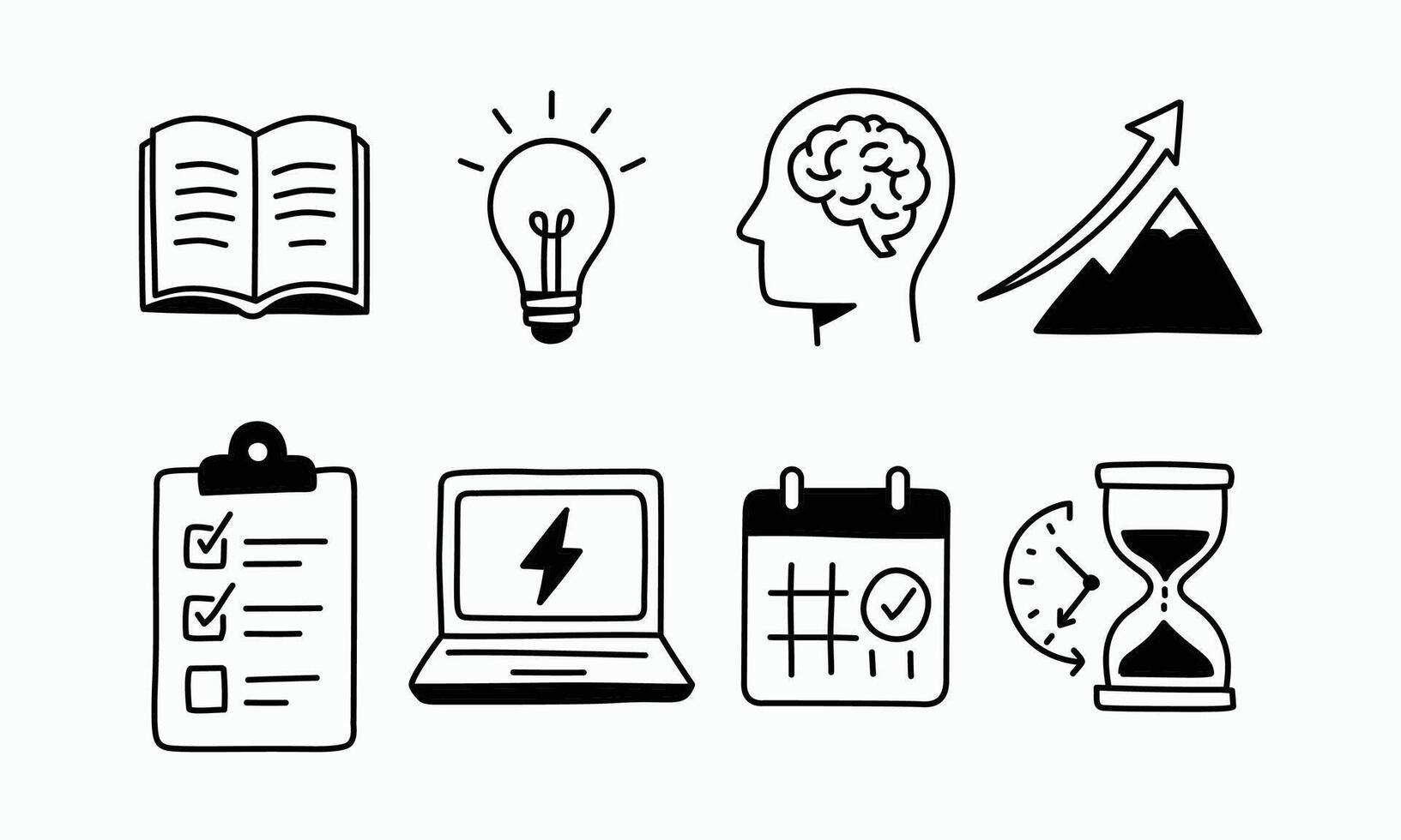 Set of black and white hand drawn icons representing productivity, learning, and time management concepts. Includes book, brain, lightbulb, laptop, checklist, calendar, hourglass, and more. vector