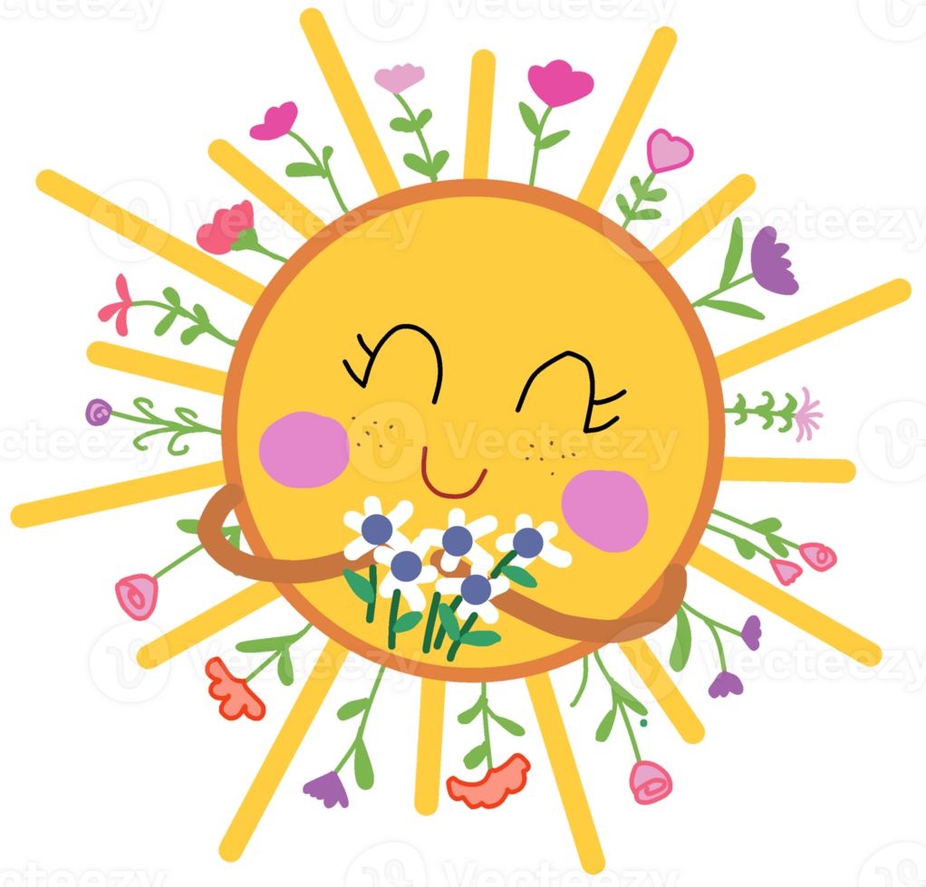 A cartoon sun with flowers and leaves png