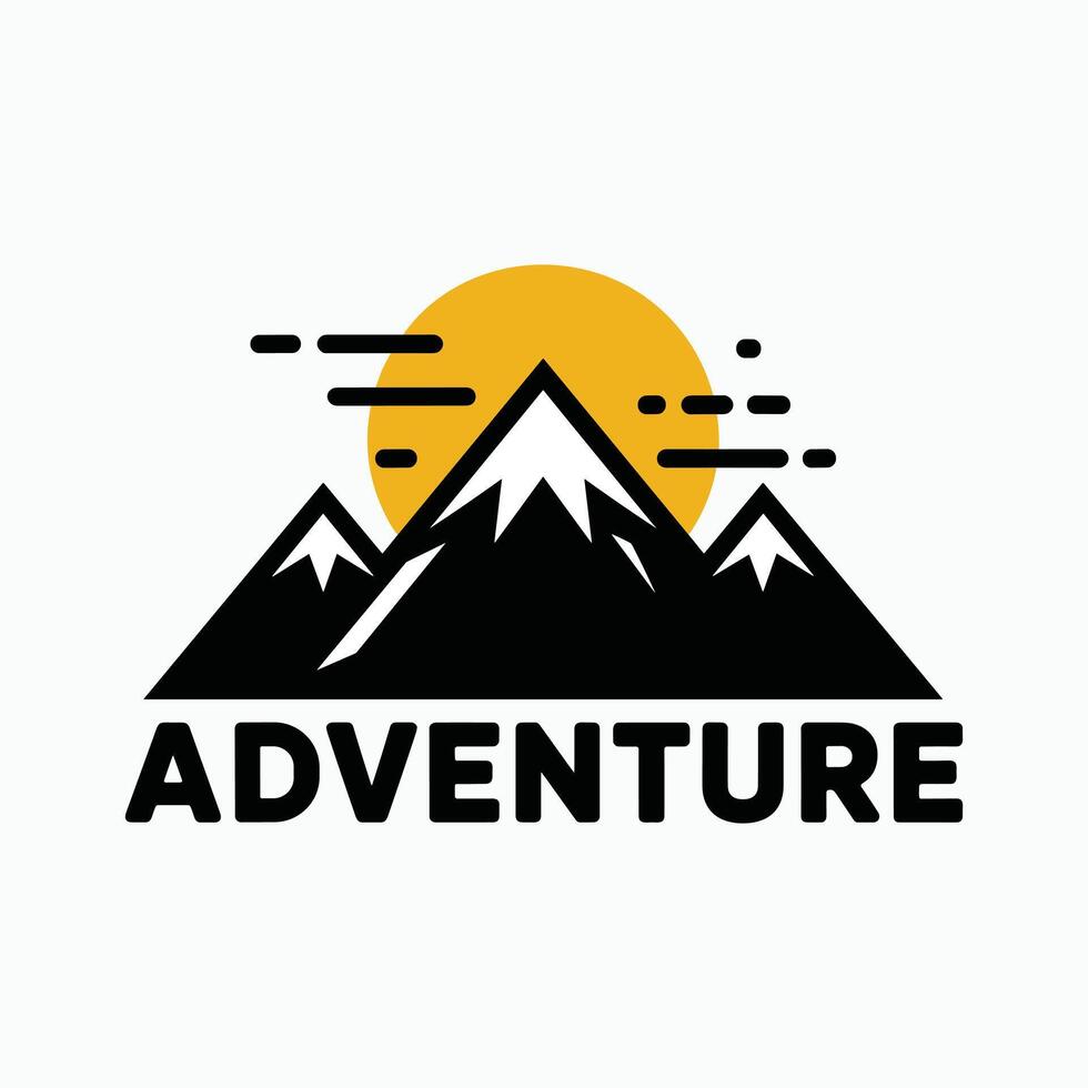 Adventure Logo with Mountains and Sun Illustration for Travel, Hiking, Exploration, Nature, Outdoor Activities, Wilderness Journey, Tourism, and Expedition Branding Design. vector