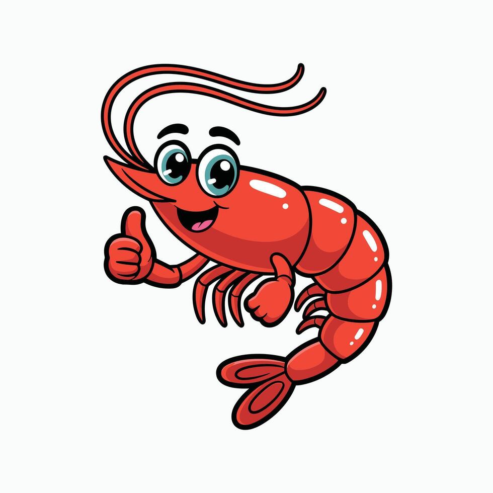Cute cartoon shrimp character giving thumbs up, happy seafood mascot illustration with big eyes and smile for kids design, restaurant menu, marine theme vector