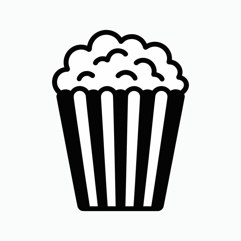 Black and white popcorn icon in classic striped container, movie snack symbol illustration for cinema, entertainment design, food logo or app interface. vector