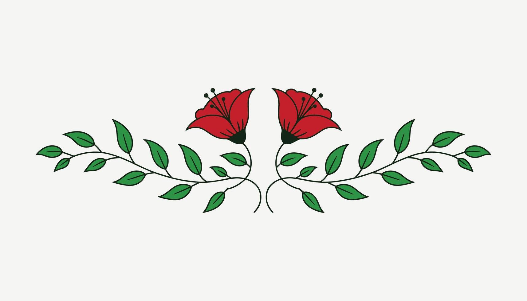 Floral Decorative Element with Red Flowers and Green Leaves, Elegant Design Isolated on White Background for Decoration, Nature, Wedding, and Border Use. vector