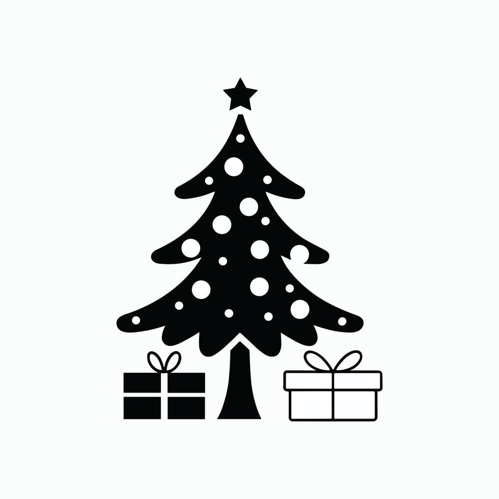 Christmas tree with star and gifts, black and white illustration, festive holiday icon perfect for cards, decorations, invitations, and seasonal design projects. vector