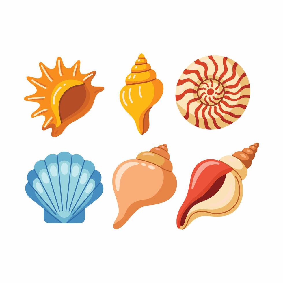 Colorful Cartoon Sea Shells Collection Isolated on White Background, Decorative Ocean Shells Illustration for Beach, Summer, Marine, Nautical, Kids Design. vector