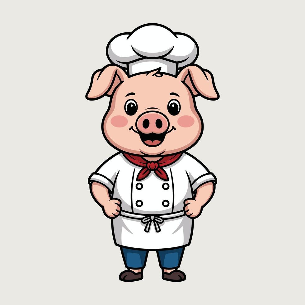 Cute cartoon pig chef character in uniform, smiling and standing, perfect for restaurant logo, menu design, children book, and culinary branding. vector