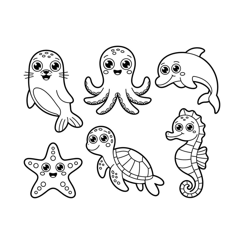 Set of Cute Cartoon Sea Animals Outline Illustrations, Ocean Creatures Black and White Line Art for Kids Coloring Book Pages. vector