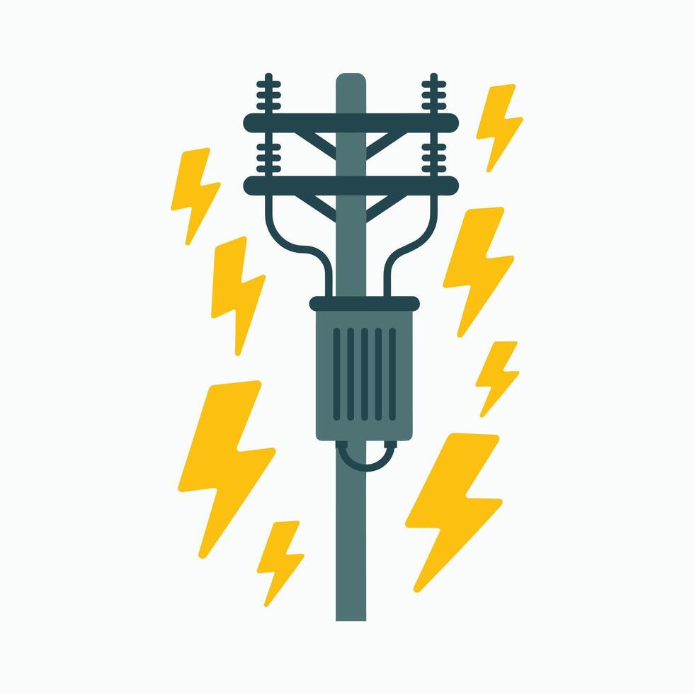 Electric power pole with transformer and yellow lightning icons in flat style, representing energy, electricity, power supply, and high voltage concepts vector