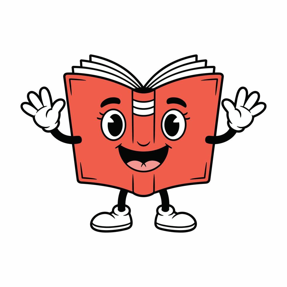 Cute cartoon book character with smiling face, waving hands, and sneakers. Fun educational mascot illustration for kids, school, reading, and learning concepts. vector
