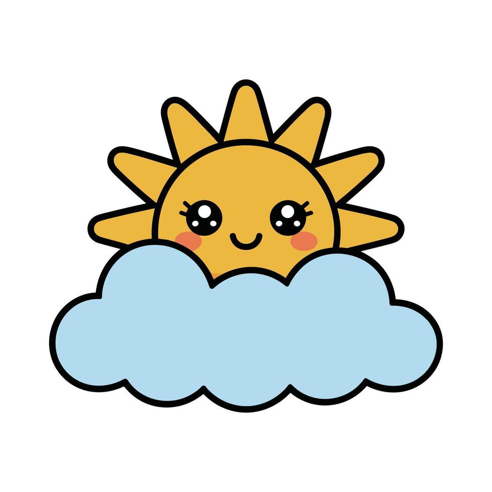 Cute Kawaii Sun and Cloud Illustration, Smiling Cartoon Weather Icon, Adorable Sunshine Clipart for Kids, Nursery Art, and Educational Design vector