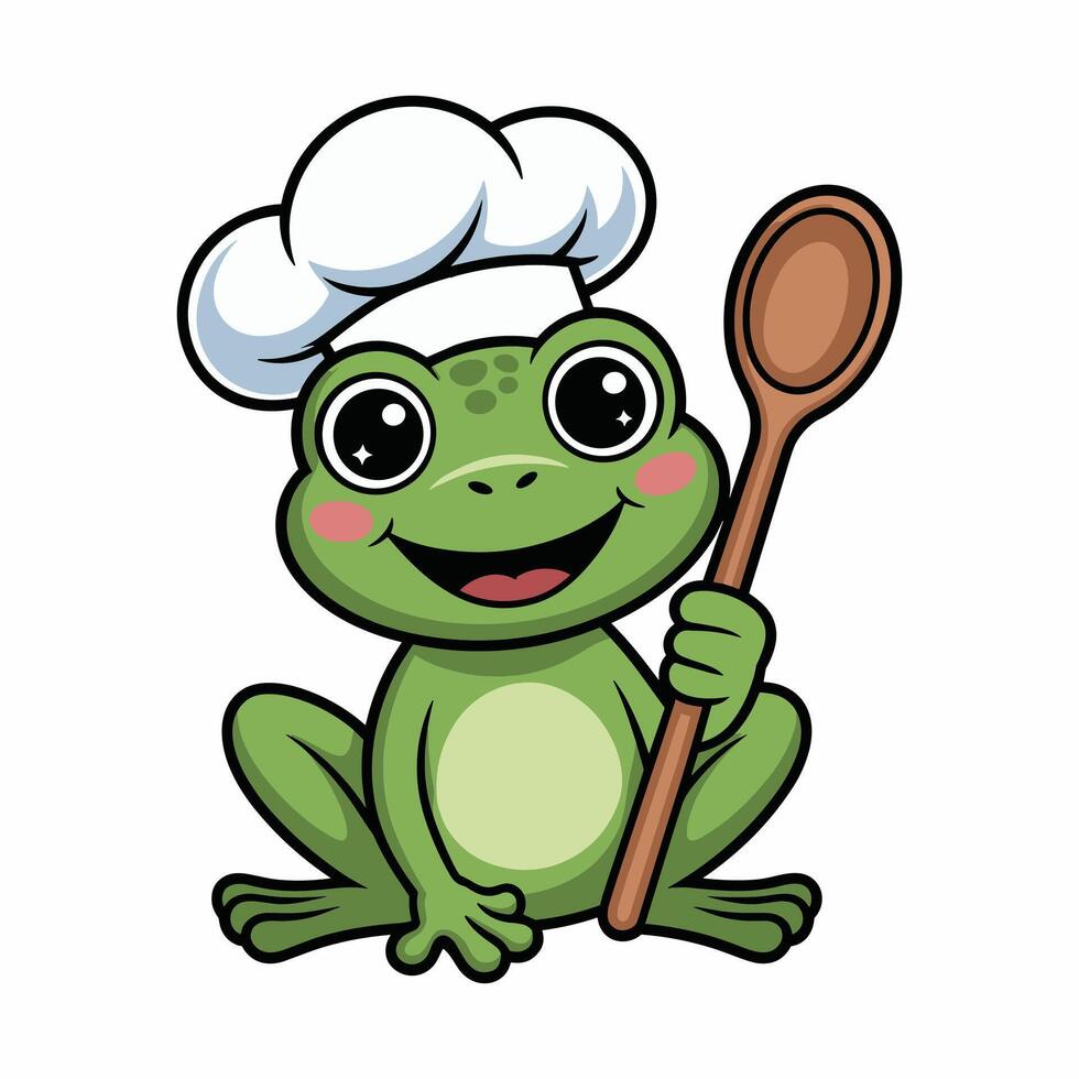 Cute Cartoon Frog Chef Wearing White Hat Holding Wooden Spoon, Smiling Happy Animal Character Illustration for Kids Cooking, Restaurant, Culinary, Food Design. vector