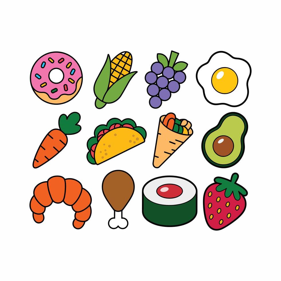 Colorful Cartoon Food Icons Collection Including Donut, Taco, Sushi, Fruits, Vegetables, Egg, Chicken, Croissant, Illustration for Kids, Menu, Design. vector