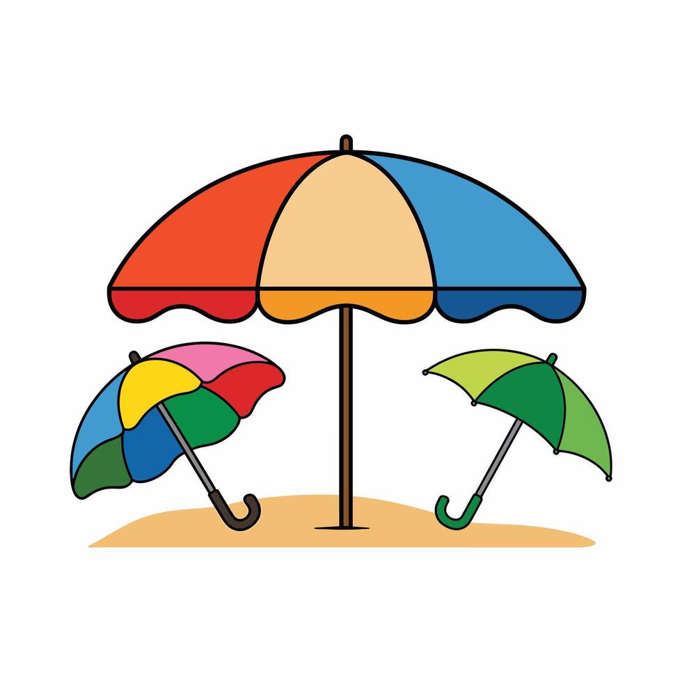 Colorful Beach Umbrellas and Parasols on Sand, Summer Vacation Illustration for Travel, Holiday, Sun Protection, Outdoor, Kids, Cartoon, Design Elements. vector