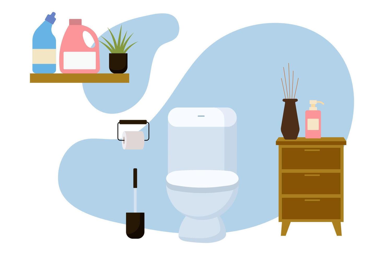 Clean and organized bathroom featuring essential cleaning supplies and decor vector