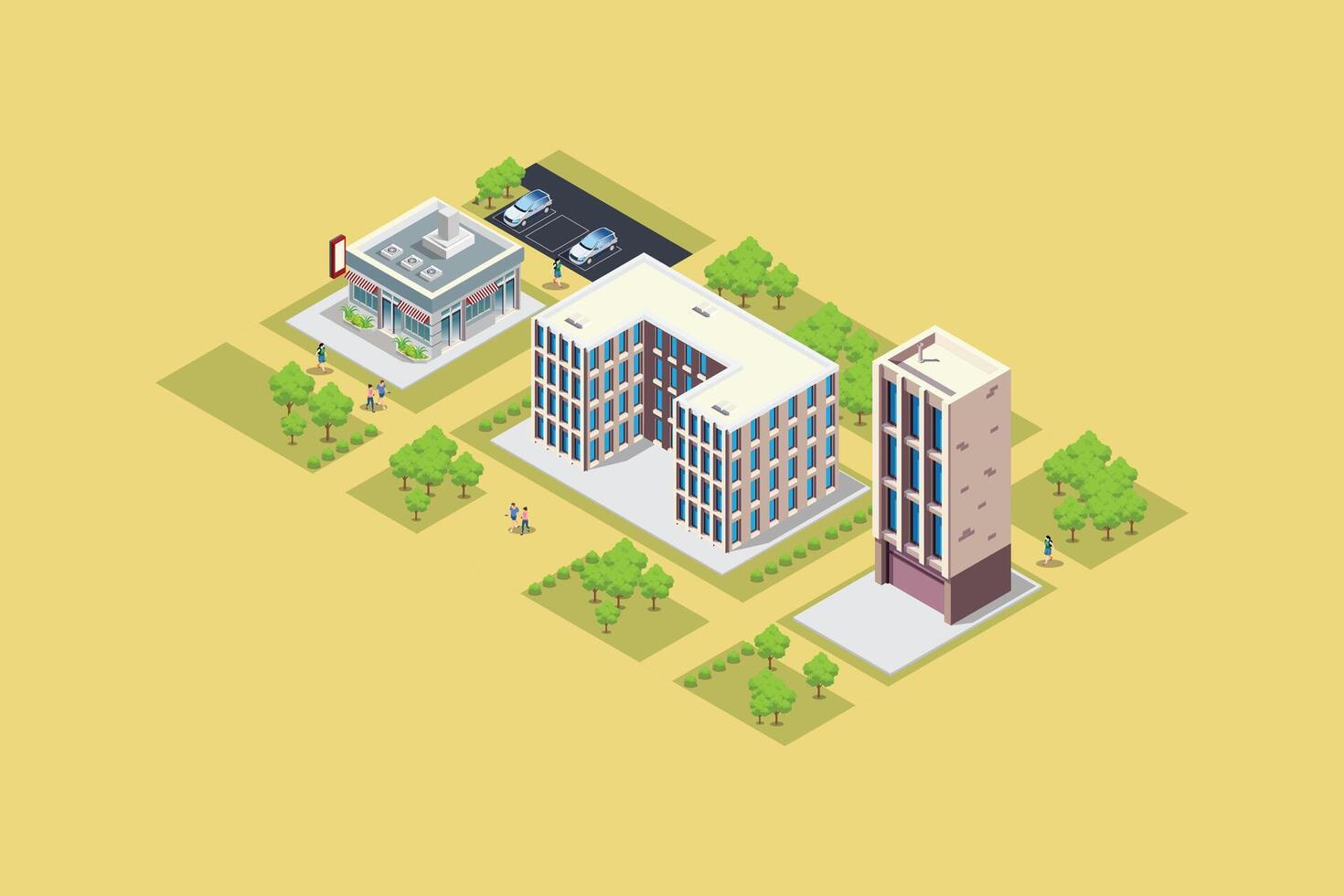 Isometric buildings with green areas vector