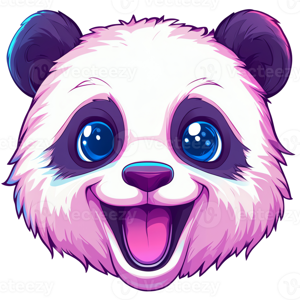 Adorable Pink Panda Face Kawaii Style Illustration, Perfect for Kids' Products, Apparel, and Digital Designs. Vibrant Colors, Big Eyes, Happy Expression. png