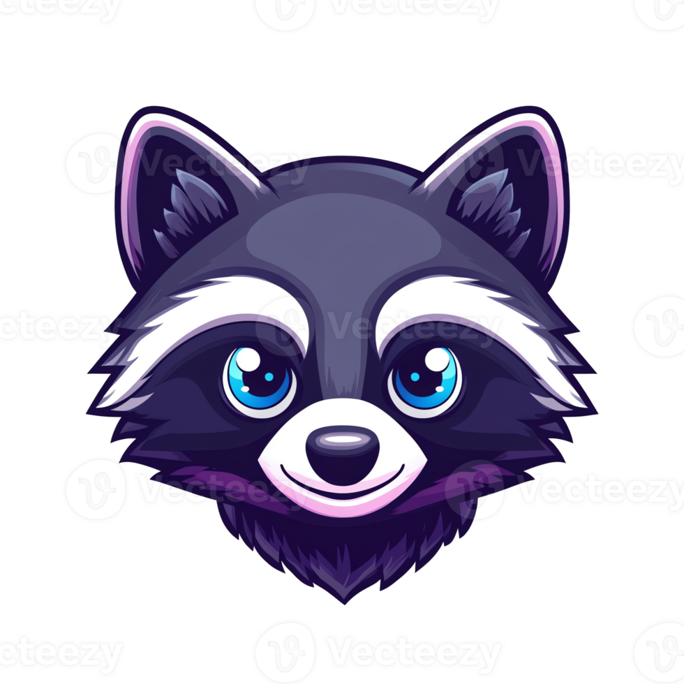 Adorable Cartoon Raccoon Face Vibrant Purple and Blue, Big Eyes, Cute Expression. Perfect for kids' apparel, children's books, website design, logos, and more png