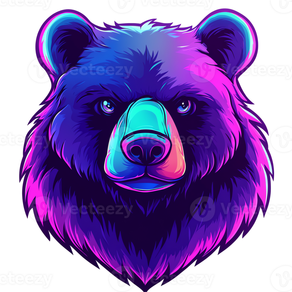 Cute Neon Bear Mascot Logo Retro 80s Style png