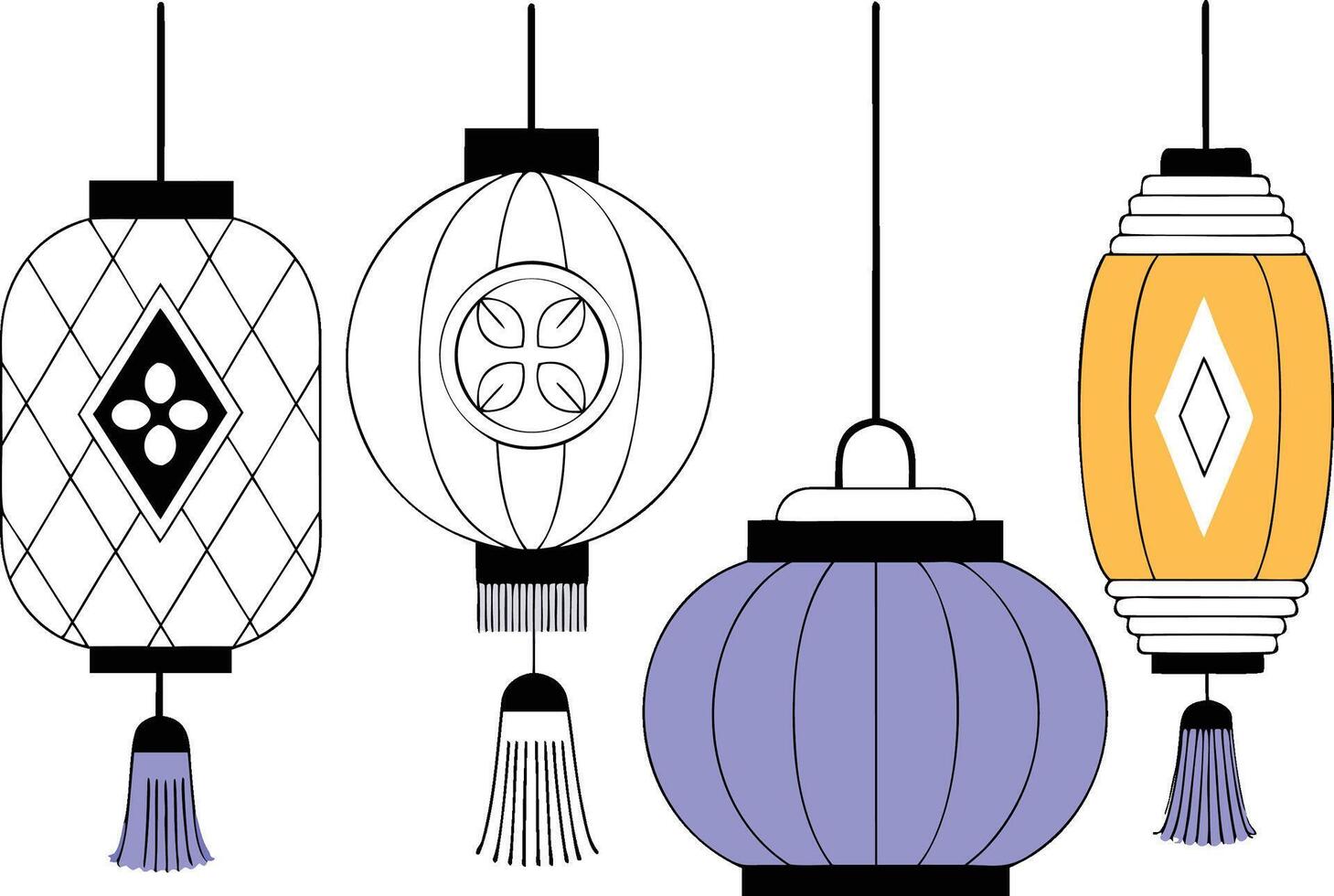 A set of hanging lanterns with tassels vector