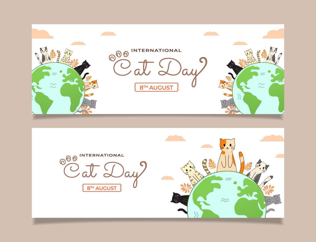 Set Adorable Cats Celebrating International Cat Day Around the Globe Illustration vector