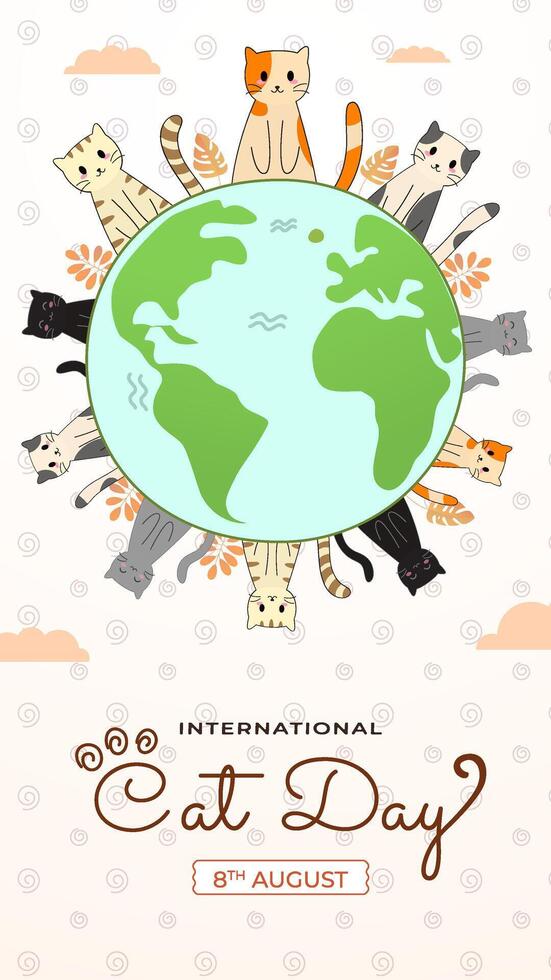Vertical Illustration Celebrating International Cat Day with Cute Cats Around the Globe vector