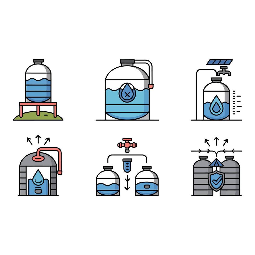 Water filtration and storage system icons isolated on white background vector