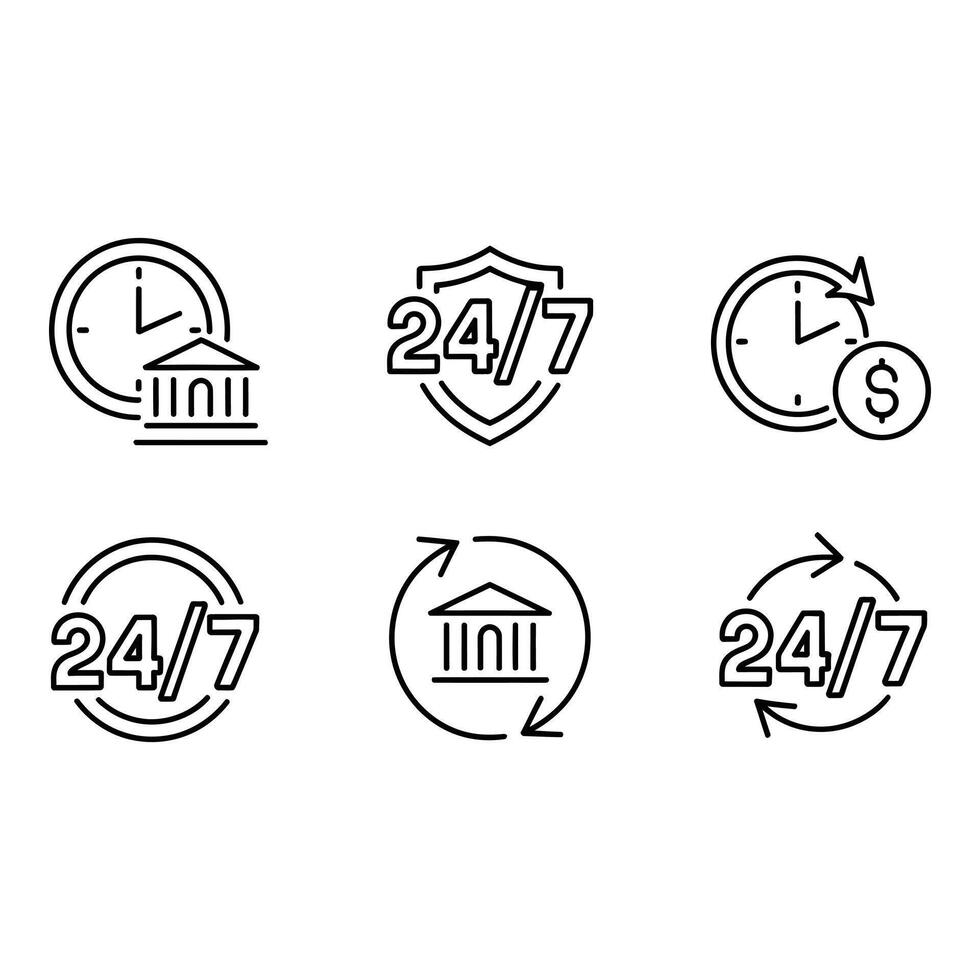 24 7 Banking Services Modern Line Icons Set Financial Security Clock Shield Continuous Support vector