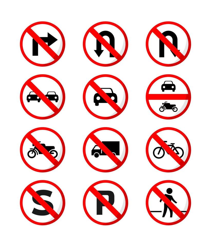 Flat Set of 12 Road Prohibition and No Entry Signs. Collection of Restriction Sign Icons vector