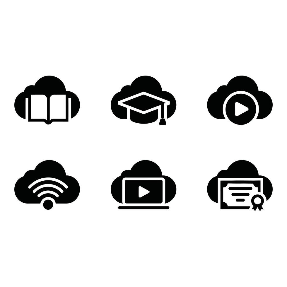 Cloud Computing Education Icons Modern Simple Black Glyphs for Online Learning Graduation and E learning Platforms vector