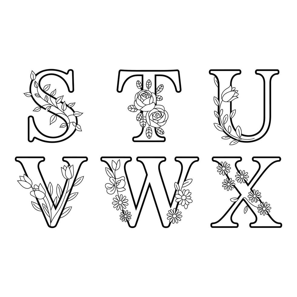 Floral alphabet letters isolated on white background vector