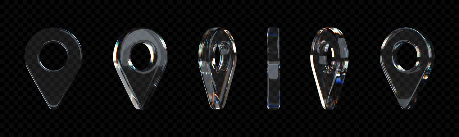 3D glass location pin icons with holographic refraction. GPS and navigation sign in modern morphism style. Isolated on dark background. vector