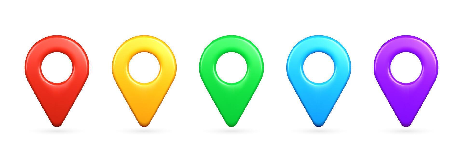 3D set of colorful location pin icons. Creative GPS pointer markers in cartoon style for map navigation, locate symbols, and place indicators. vector