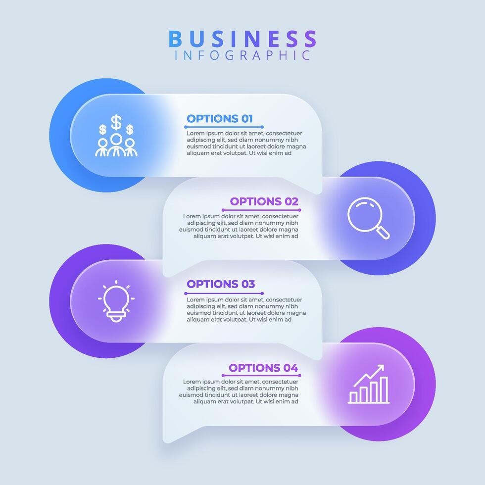 Design template for infographic labels with icons and 4 options. Suitable for process diagrams, presentations, workflow layouts, banners, flow charts, and infographics vector
