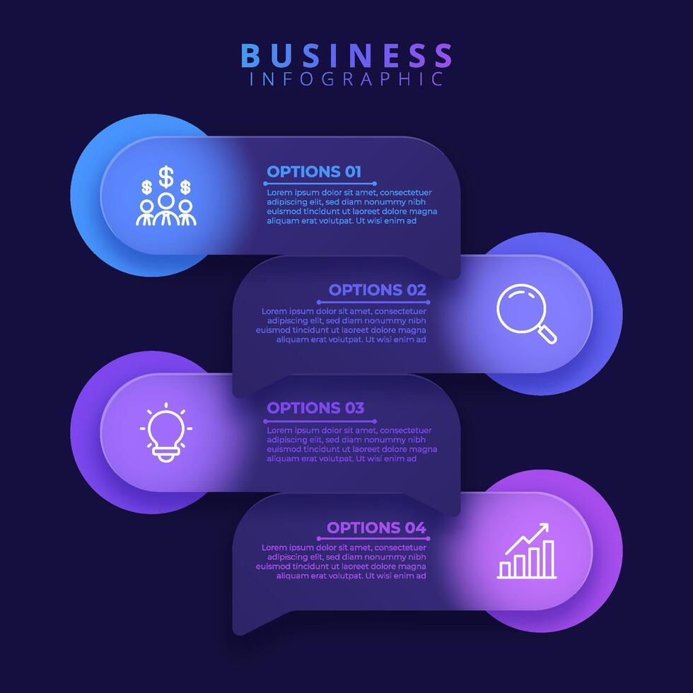 Infographic label design template featuring icon and four distinct steps. Ideal for process charts, presentation slides, workflow schemes, banners, flow diagrams, and data visualizations. vector