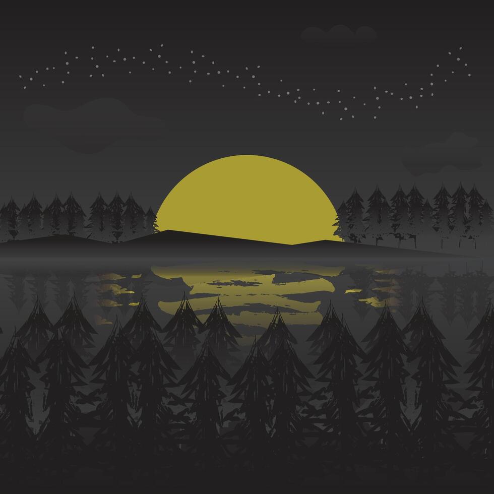 Dark night background illustration with pine trees silhouette and moon with water reflection. vector