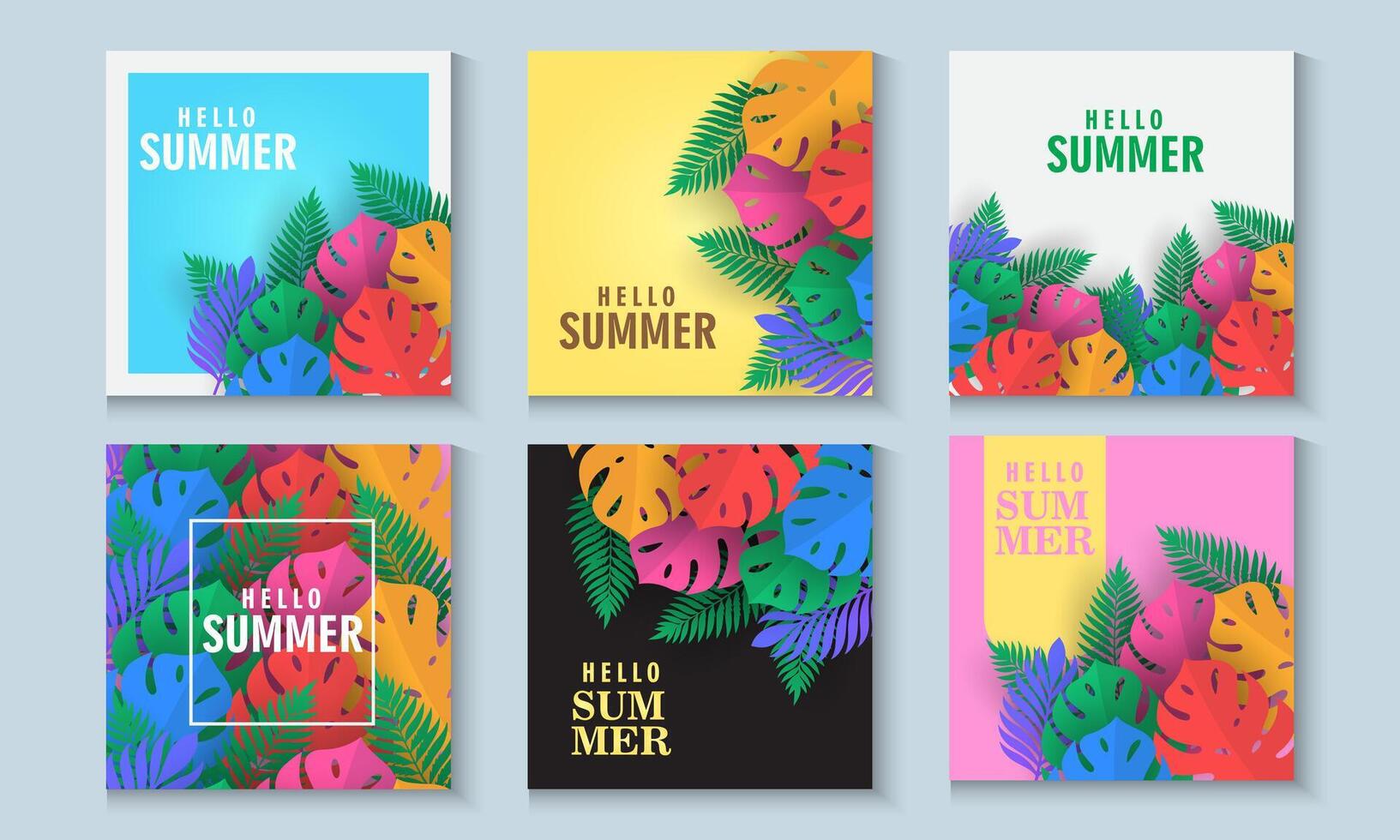Summer greeting clipart banner poster card set. spring tropical leaves with colorful exotic leave, collection summer or spring poster, flayer, cover, in colorful abstract background vector