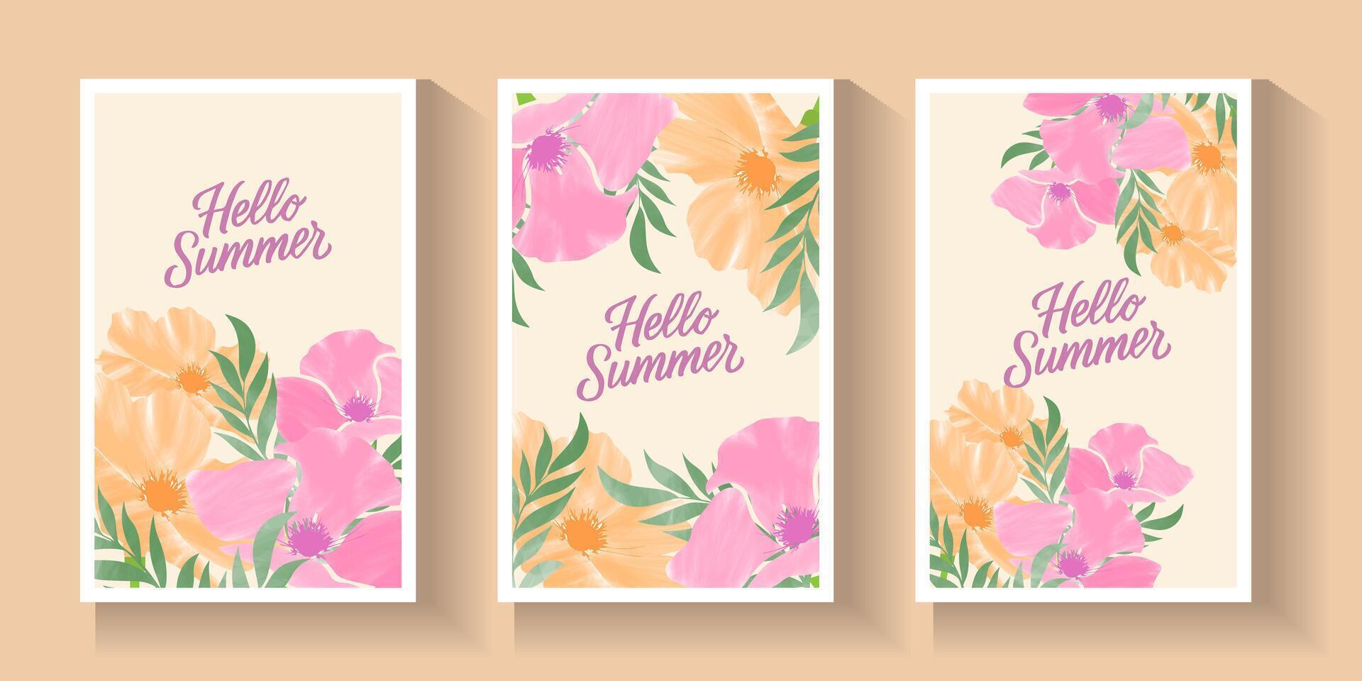 Abstract summer or spring poster or card set in art style with trees leaves flowers on the palms, surfboard, sea, seashells on pastel colour and blue. Trendy summer design for branding, ads, print vector