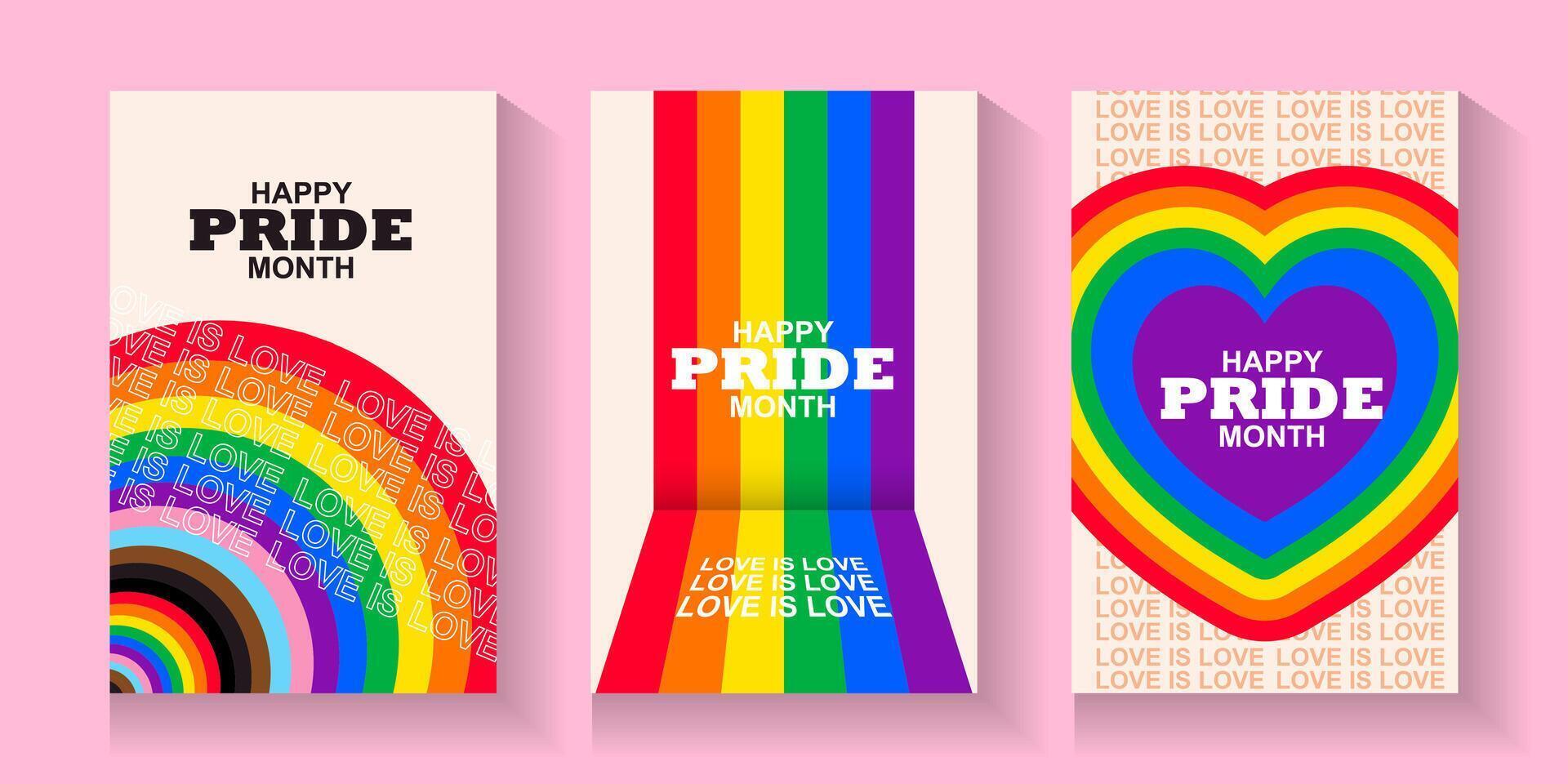 pride month banners with rainbow heart and text vector