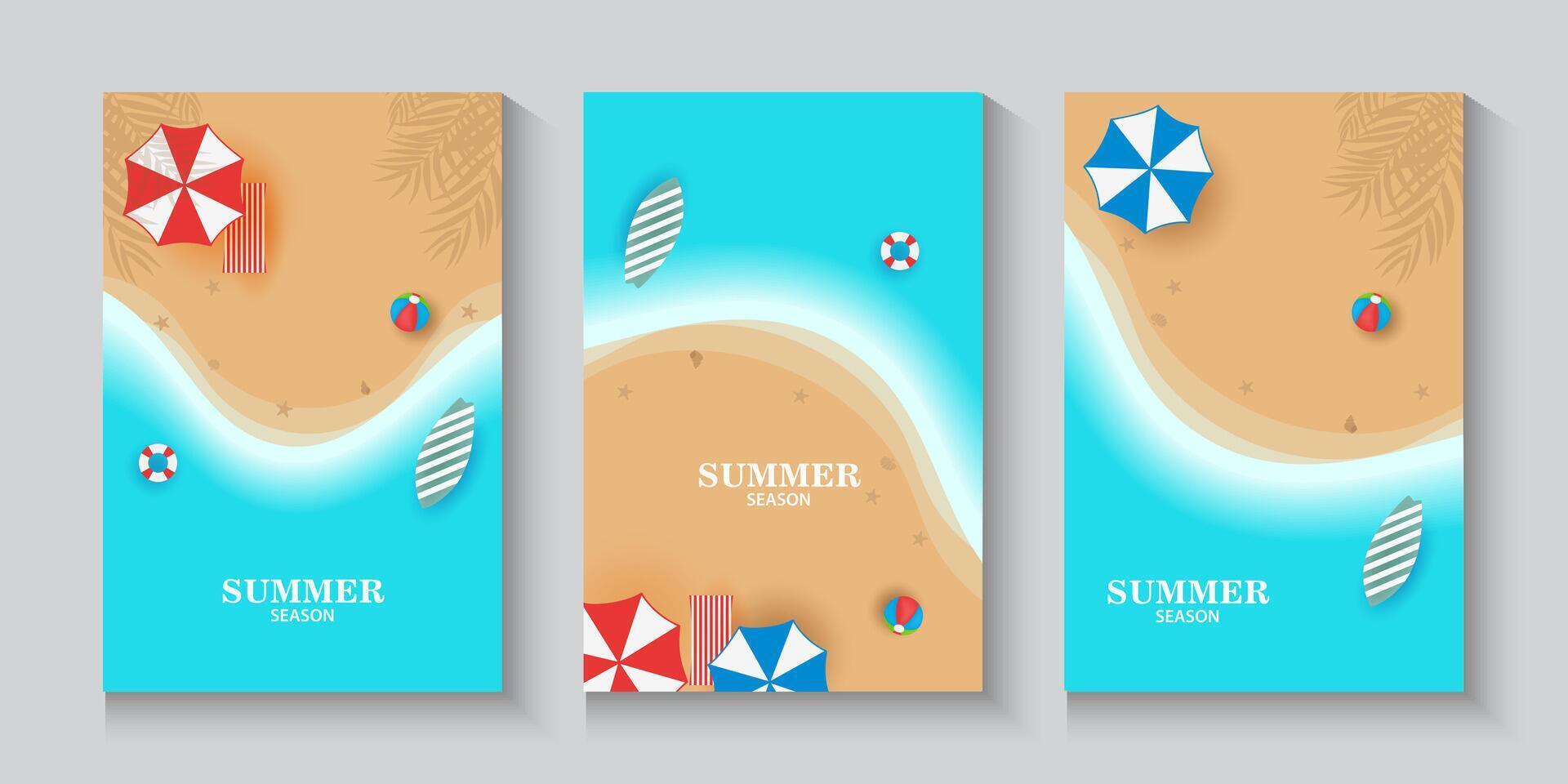 set of summer poster set or vertical banners with beach and umbrellas vector