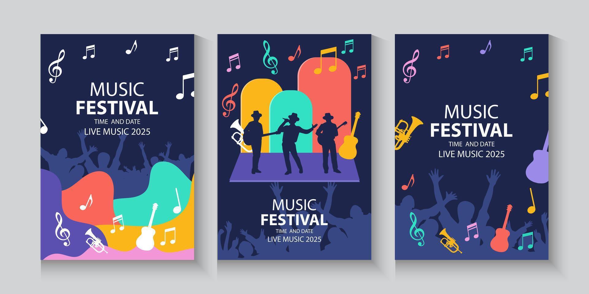 music festival poster cards or banners set with music notes and people vector